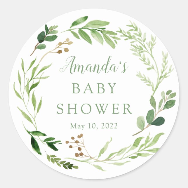 Botanical Green Leaf Baby Shower  Classic Round Sticker (Front)