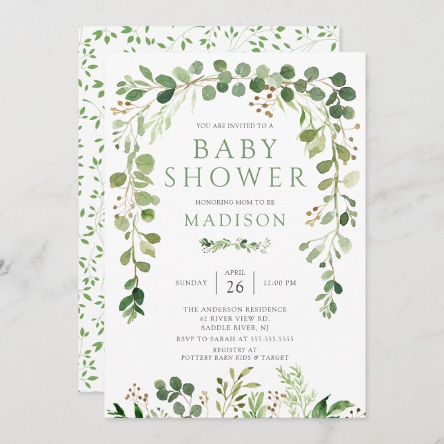 Botanical Green Leaf Baby Shower Invitation (Front/Back)