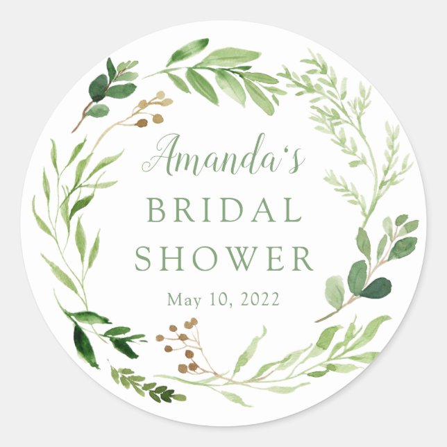 Botanical Green Leaf Bridal Shower  Classic Round Sticker (Front)