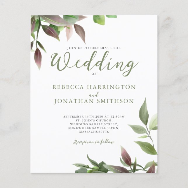 Botanical Green Leaf Budget Wedding Invitation (Front)