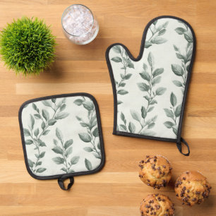 Botanical Green Leaf Pattern Kitchen  Oven Mitt & Pot Holder Set