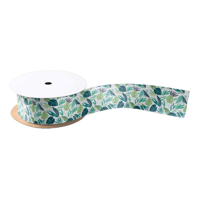 Botanical green Leafs Seamless Pattern Satin Ribbon (Spool)