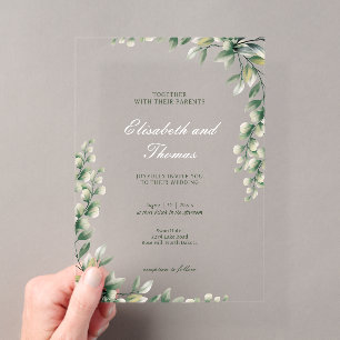 Botanical green leaves elegant wedding acrylic invitations