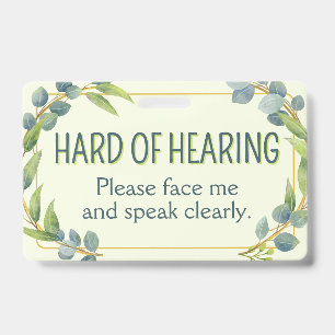 Botanical Green Leaves Hard of Hearing Deafness ID Badge