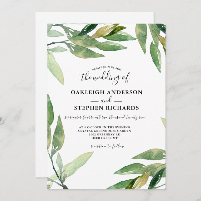 Botanical Green Leaves Watercolor Wedding Invitation (Front/Back)