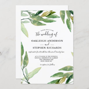 Botanical Green Leaves Watercolor Wedding Invitation