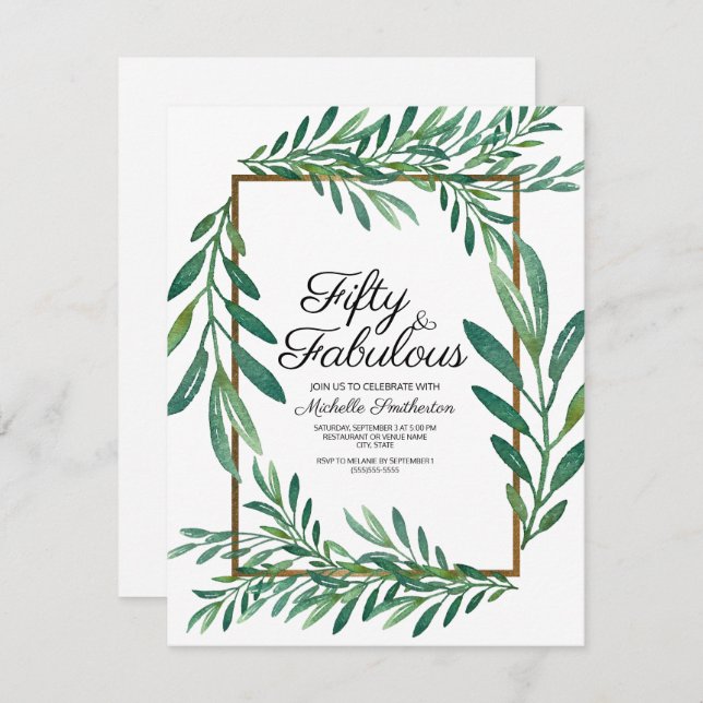 Botanical Green Leaves White Gold 50th Birthday Invitation (Front/Back)