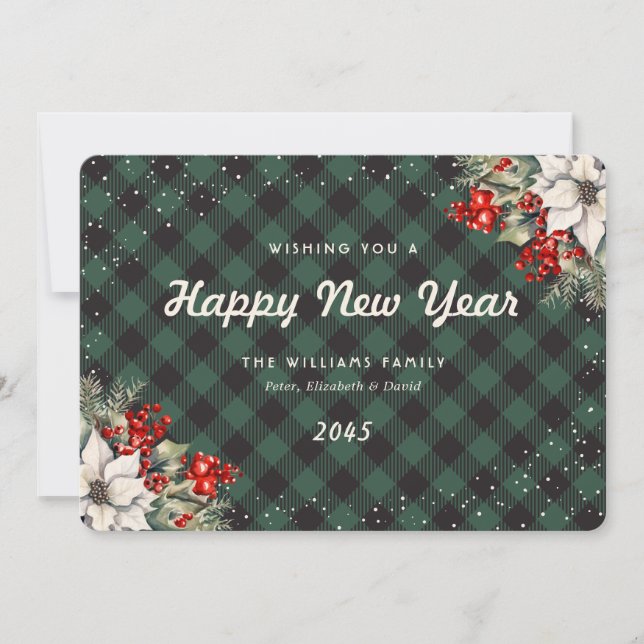 Botanical Green Plaid Snow New Year Card (Front)