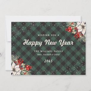 Botanical Green Plaid Snowflake New Year Card