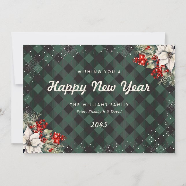 Botanical Green Plaid Snowflake New Year Card (Front)