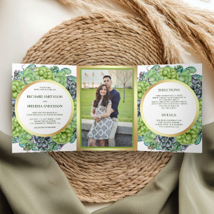 Botanical Green Succulent Wreath Photo Wedding Tri-Fold Invitation
