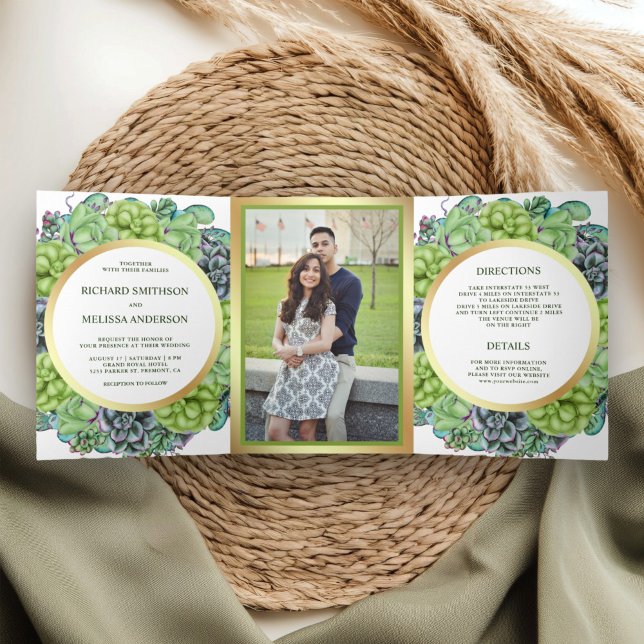 Botanical Green Succulent Wreath Photo Wedding Tri-Fold Invitation (Creator Uploaded)