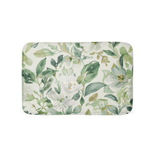 Botanical Green Watercolor Floral Leaves Nature  Bath Mat