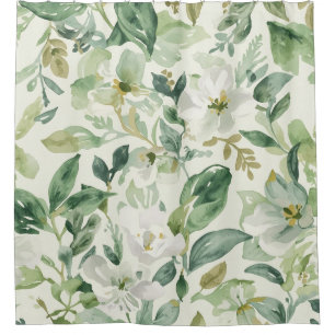 Botanical Green Watercolor Floral Leaves Nature  Shower Curtain