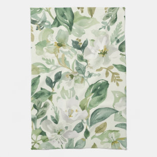 Botanical Green Watercolor Floral Leaves Nature Tea Towel