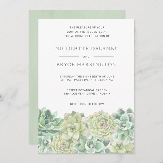 Botanical Green Watercolor Succulent Wedding Invitation (Front/Back)