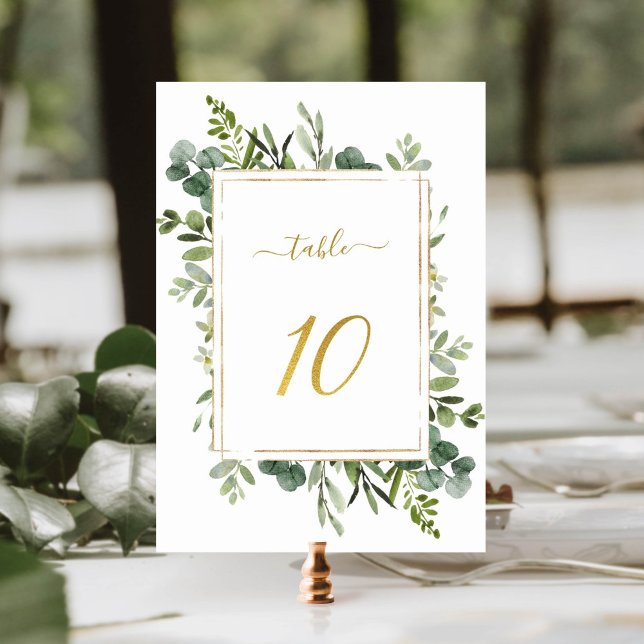 Botanical Green Wedding Gold Glitter Number 10, Table Number (Creator Uploaded)