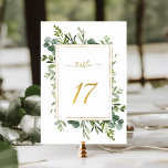 Botanical Green Wedding Gold Glitter Number 17,  Table Number<br><div class="desc">Table 17. Please check all available numbers. | This wedding table number features painted watercolor eucalyptus greenery and green leaves with a faux gold glitter rectangular frame,  text,  and number. For more advanced customisation of this design,  please click the BLUE DESIGN TOOL BUTTON above!</div>