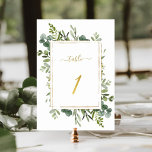 Botanical Green Wedding Gold Glitter Number 1,  Table Number<br><div class="desc">Table 1. Please check all available numbers. | This wedding table number features painted watercolor eucalyptus greenery and green leaves with a faux gold glitter rectangular frame,  text,  and number. For more advanced customisation of this design,  please click the BLUE DESIGN TOOL BUTTON above!</div>