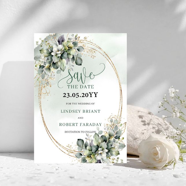 Botanical Green White Gold Save The Date (Botanical Green White Gold Save The Date)
