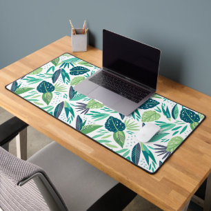 Botanical Green & White Leafs Pattern Desk Mat