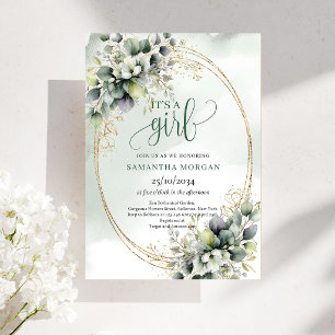 Botanical Green White Theme It’s A Girl Invitation