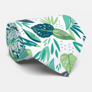 Botanical Green & White Tropical Leafs Pattern Tie