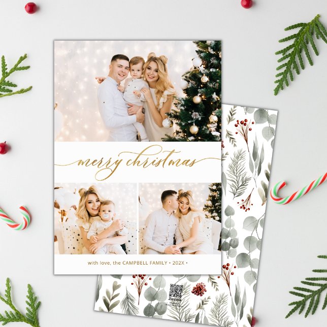 Botanical Greenery 3 Photo Collage Christmas Card (Creator Uploaded)