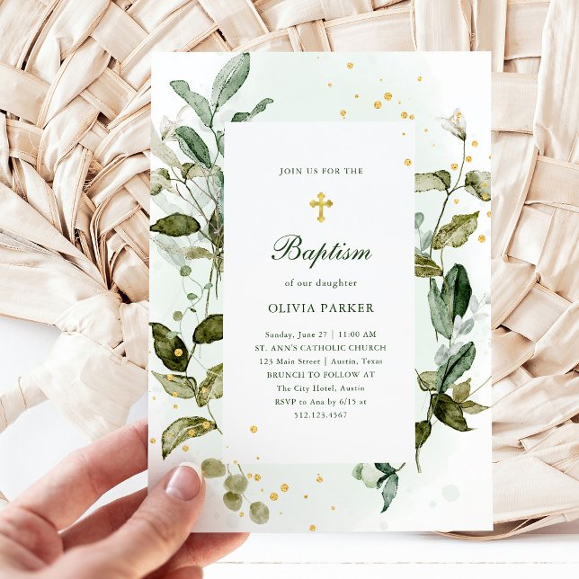 Botanical Greenery and Gold Cross Baptism Invitation (Creator Uploaded)