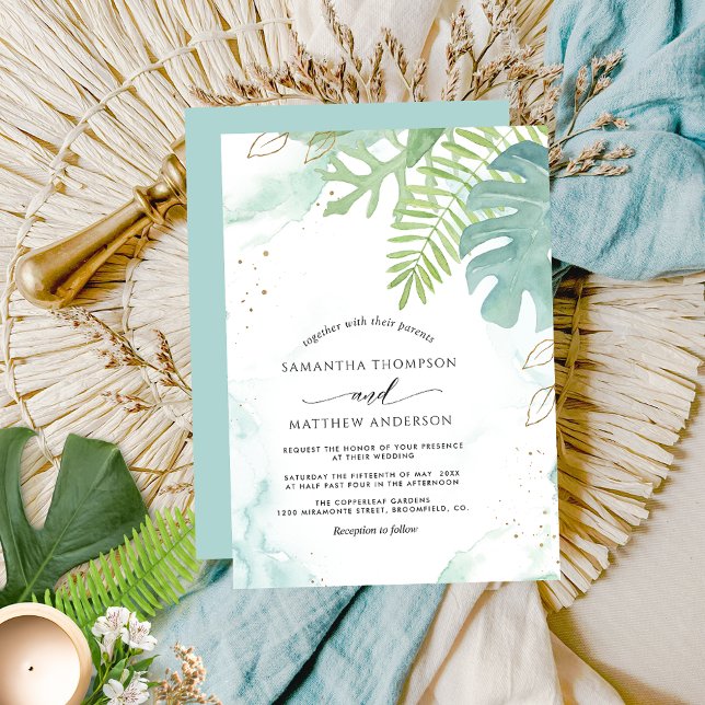 Botanical Greenery,  Aqua Blue Watercolor Wedding Invitation (Creator Uploaded)