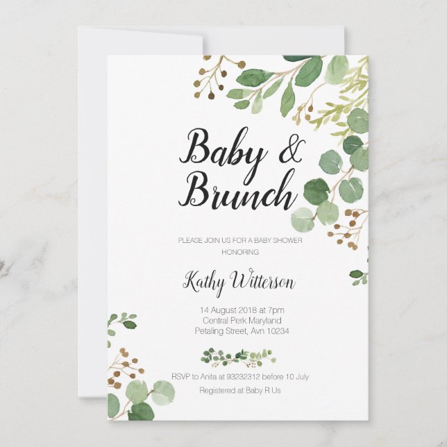 botanical greenery baby brunch shower invitation (Front)