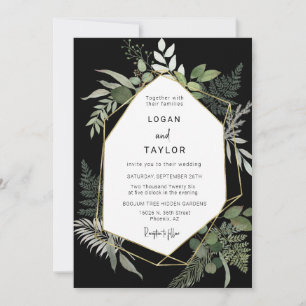 Botanical Greenery Black Gold Frame QR Code Photo Invitation