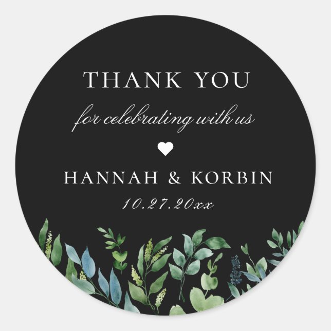 Botanical Greenery Black Wedding Favour Classic Round Sticker (Front)