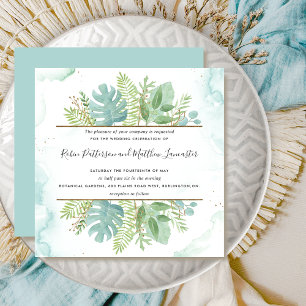Botanical Greenery, Blue Green Watercolor Wedding Invitation