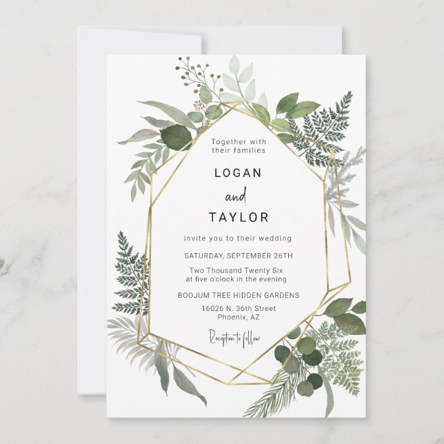 Botanical Greenery Boho Gold Frame QR Code Photo Invitation (Front)