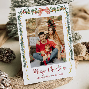Botanical Greenery & Bow Merry Christmas 1 Photo Holiday Card