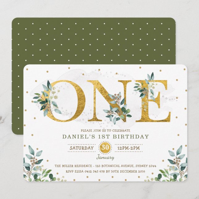 Botanical Greenery Boy 1st Birthday Party Invitation (Front/Back)