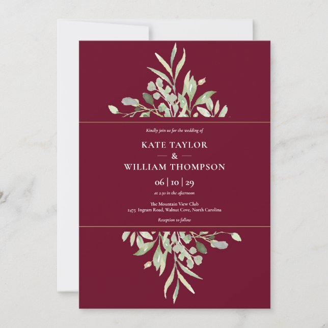 Botanical Greenery Burgundy Gold Wedding Invitation (Front)