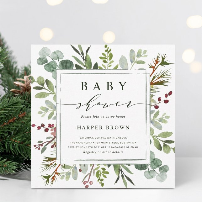Botanical Greenery Christmas Baby Shower Square Invitation (Creator Uploaded)