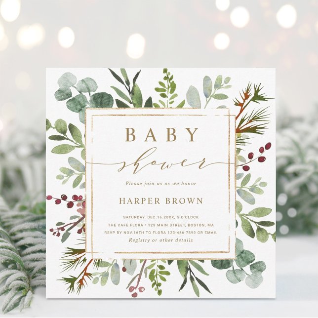Botanical Greenery Christmas Baby Shower Square Invitation (Creator Uploaded)