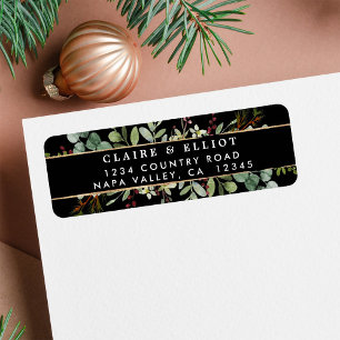 Botanical Greenery Christmas Black Return Address