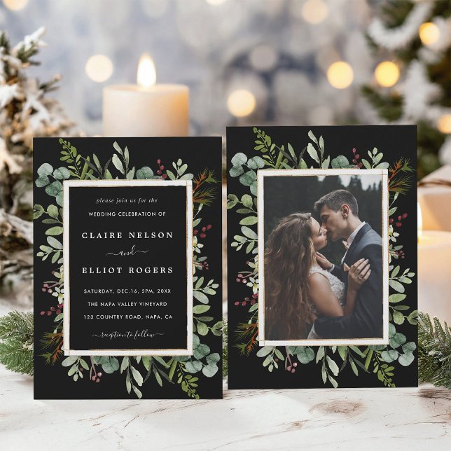 Botanical Greenery Christmas Black Wedding Photo Invitation (Front & Back)