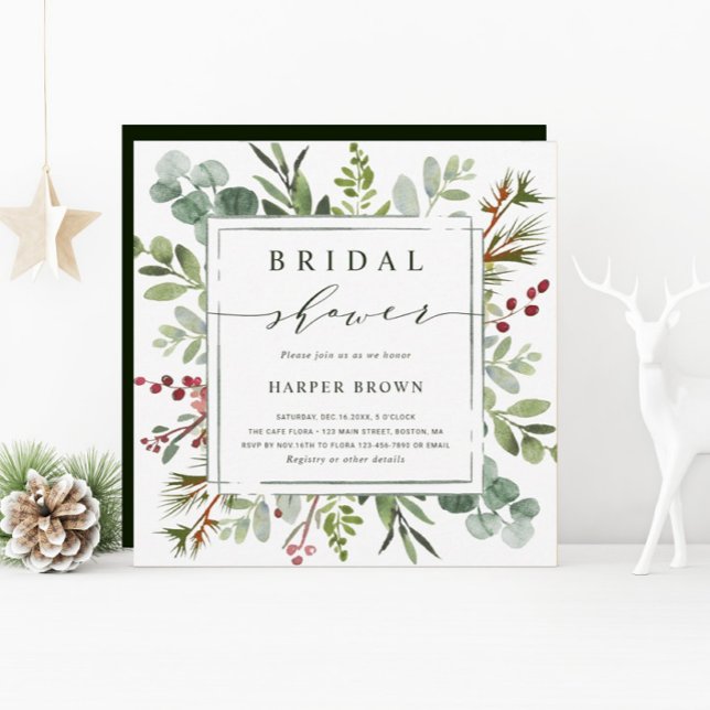 Botanical Greenery Christmas Bridal Shower Square Invitation (Creator Uploaded)