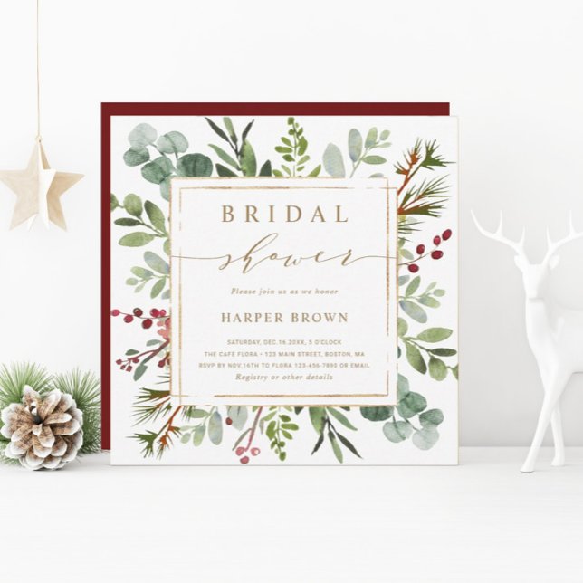 Botanical Greenery Christmas Bridal Shower Square  Invitation (Creator Uploaded)