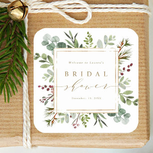 Botanical Greenery Christmas Bridal Shower Square Sticker