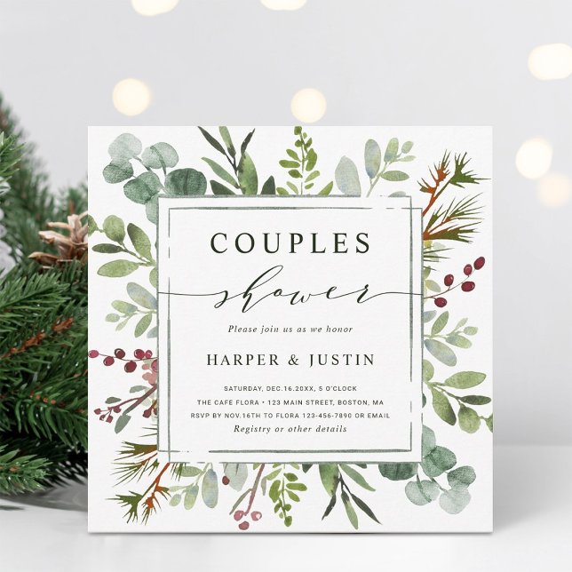 Botanical Greenery Christmas Couples Shower Square Invitation (Creator Uploaded)