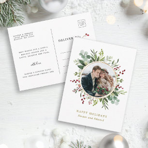 Botanical Greenery Christmas Gold Photo Holiday Postcard