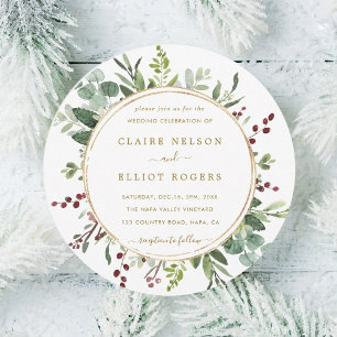 Botanical Greenery Christmas Gold Wedding Circle Invitation
