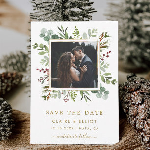 Botanical Greenery Christmas Gold Wedding Photo Save The Date