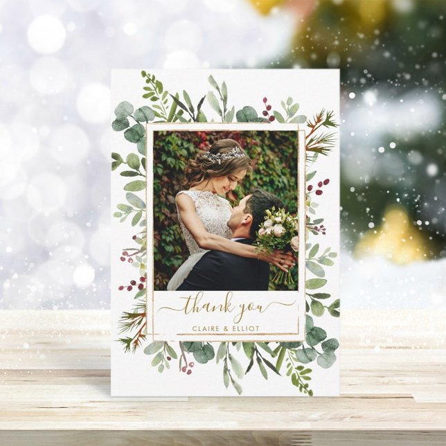 Botanical Greenery Christmas Gold Wedding Photo Thank You Card (Creator Uploaded)